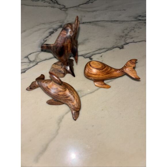 Other - 3 Vintage Hand Carved Wooden Sea Life Figurines 3” Dolphins Whale Exquisite MCM